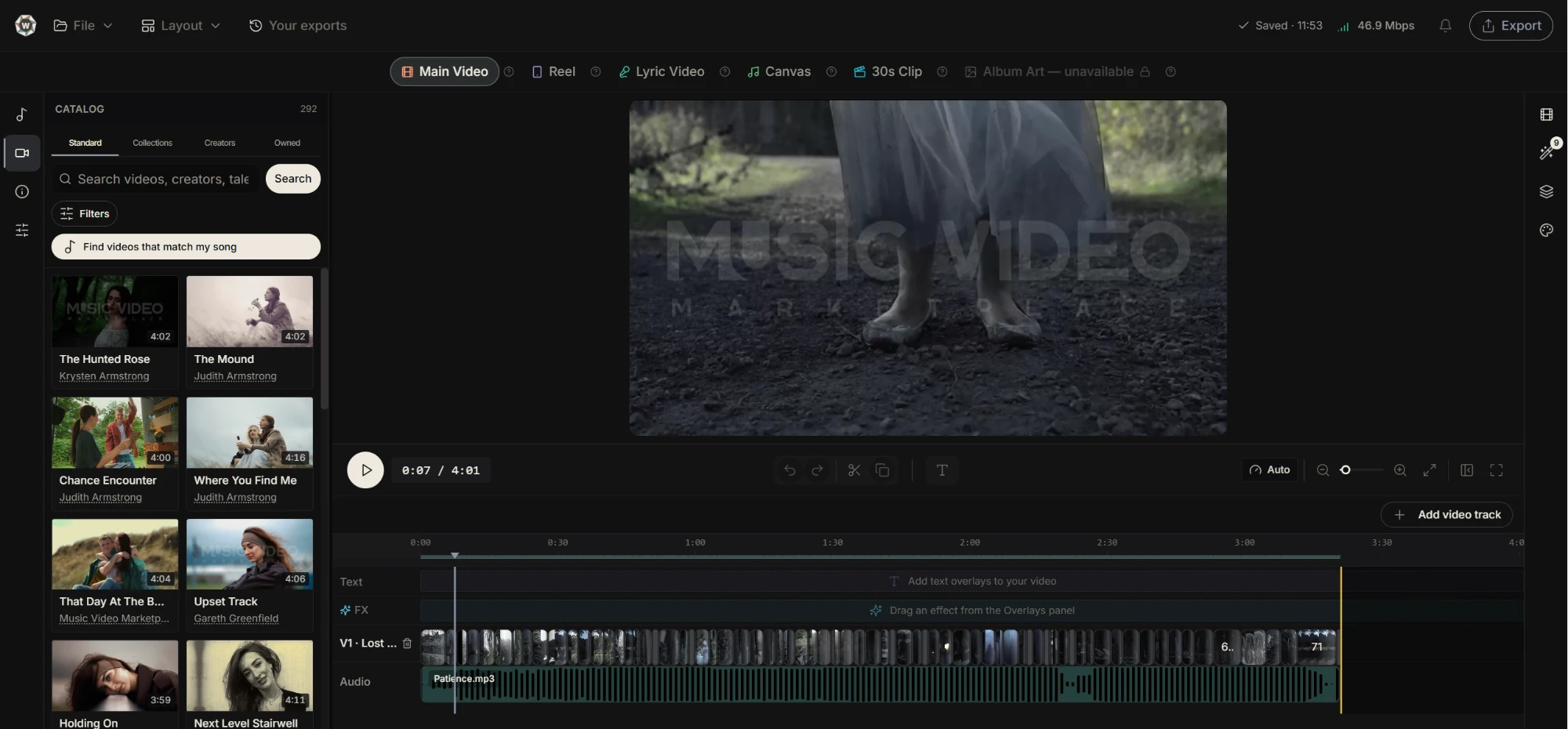 Workspace editor with a song, video catalogue, preview, and editing timeline
